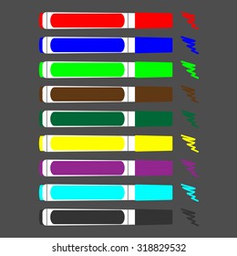 Set of colored felt-tip pens. Pen office,  red yellow green blue color group, vector graphic illustration
