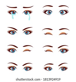Set of colored female eye and eyebrow with different expressions and cry expression