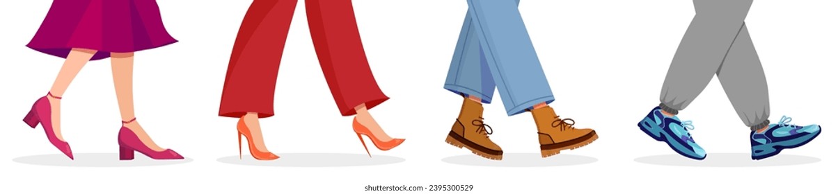 Set of colored female and male feet walking in a cartoon style. Vector illustration of female legs in a dress, pants with shoes, on heels and male legs in jeans with boots, sweatpants, sports shoes .