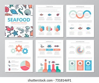 Set of colored fish and sea food elements for multipurpose a4 presentation template slides with graphs and charts. Leaflet,   marketing, advertising, annual, book cover design.