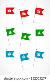 Set of colored flags with Christmas symbols, nine vector labels