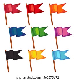 A set of colored flags on wooden sticks