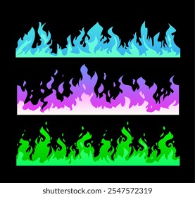 Conjunto de llamas de colores aisladas sobre un fondo negro. Frontera Horizontal. Fuego azul brillante, púrpura y verde. Elementos decorativos ardientes. Poder oscuro mágico y energía. Ilustración vectorial.