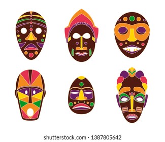 Set of colored flat African tribal ethnic masks on white background. Vector illustration