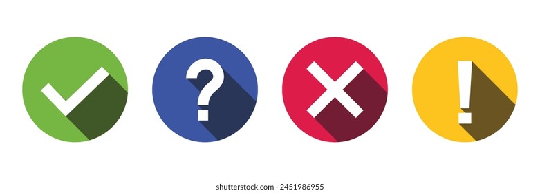 Set of colored flat buttons with long shadow. Tick, question and answers mark. Help symbol. FAQ symbol. Vector Illustration.