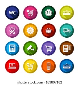 Set colored flat buttons, white symbols with shadow. Vector illustration 10eps
