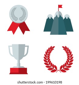 Set of colored flat design icons of medal, flag on mountain top, bowl, laurel wreath - concepts of success, win, leadership. Isolated on white background