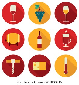 Set of colored flat design round vector icons related to wine: red wine glass, grapes, white white glass, barrel, wine bottle, mulled wine glass, corkscrew, cheese, thermometer. Isolated on white