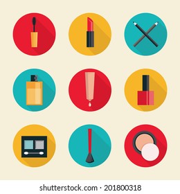 Set of colored flat design round vector icons for cosmetics, makeup instruments. Isolated on stylish background