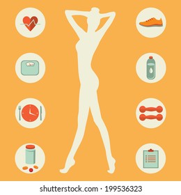 Set of colored flat design style vector icons for healthy lifestyle, fitness, weight loss and dieting completed with silhouette of slim sporty woman. Isolated on stylish bright background