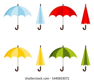 Set of colored flat design vector illustration of classic elegant opened and closed blue, red, yellow, green umbrella cane icon isolated on white background. Fashion autumn woman accessory sign.