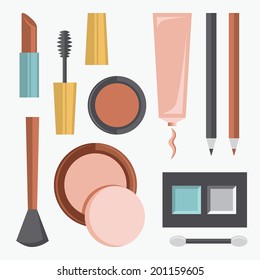 Set of colored flat design vector icons for cosmetics, makeup instruments. Isolated on white background