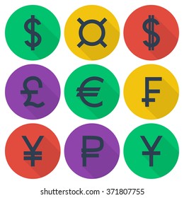  Set of colored flat icons with different currency symbols