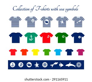 Set of colored flat icons T-shirts with sea symbols on the white background. Vector