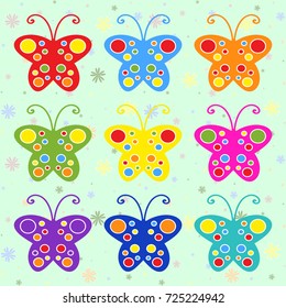 Set of colored flat isolated butterflies. Abstract and bright flyers.