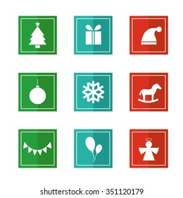Set of colored flat square icons with Christmas symbols