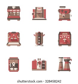 Set of colored flat stylish vector icons for coffee equipment. Coffee makers, grinders, espresso machines for home, office and cafe. Web design elements.