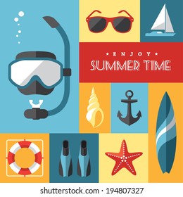 Set of colored flat summer icons num.1: on marine and sports themes