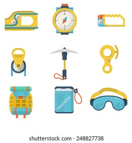 Set of colored flat vector icons for equipment for rock climbing or alpinism on white  background.