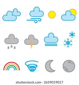 Conjunto de iconos de Clima plano de colores Ilustración vectorial aislada sobre fondo transparente. Sol, luna, lluvia, nube, niebla, viento, trueno, copo de nieve, arco iris, tornado iconos de colores simples.