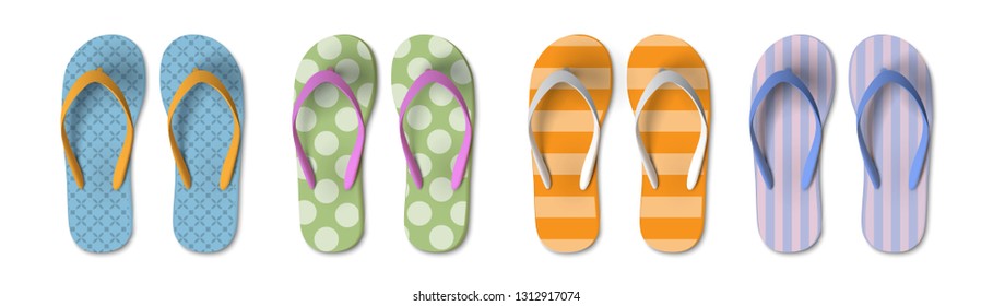 Set of colored Flip flops with different patterns - summer, beach slippers. Realistic Isolated vector elements for design travel,holiday. - Vector