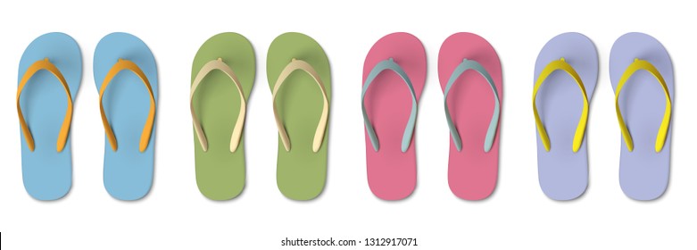 Set of colored Flip flops - summer, beach slippers. Realistic Isolated vector elements for design travel,holiday. - Vector