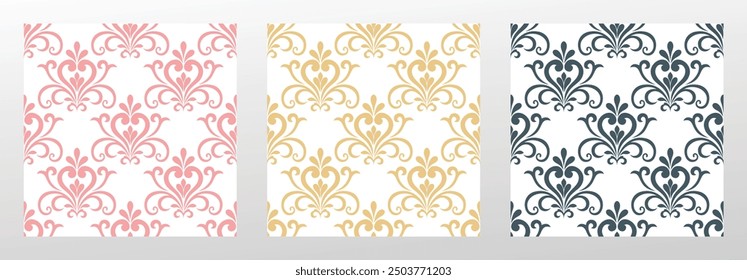 Set of colored floral ornaments.  Wallpapers in Baroque style. Seamless vector background. Graphic patterns for fabric, wallpaper, packaging. Ornate Damask flower ornaments