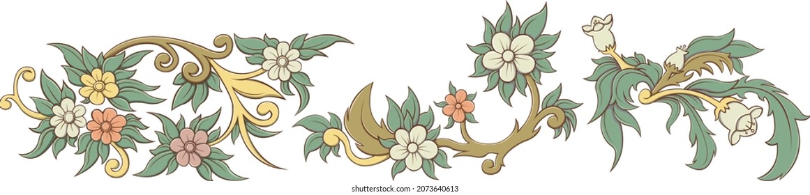 Set of colored floral vector with petals and leaves, detalied shadows and lights.