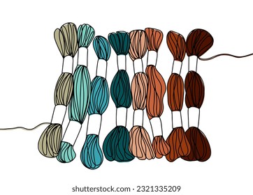 A set of colored floss threads for embroidery. World Embroidery Day. One line drawing for different uses. Color vector illustration.