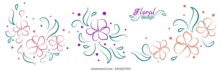 Set of colored flower arrangements with green leaves. Vector isolated one ine drawing on white background. Design of cards, albums, holidays, social networks, embroidery, applique, handicrafts