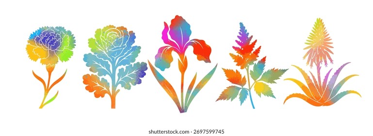 Um conjunto de flores coloridas. Mão desenhada. Não é IA