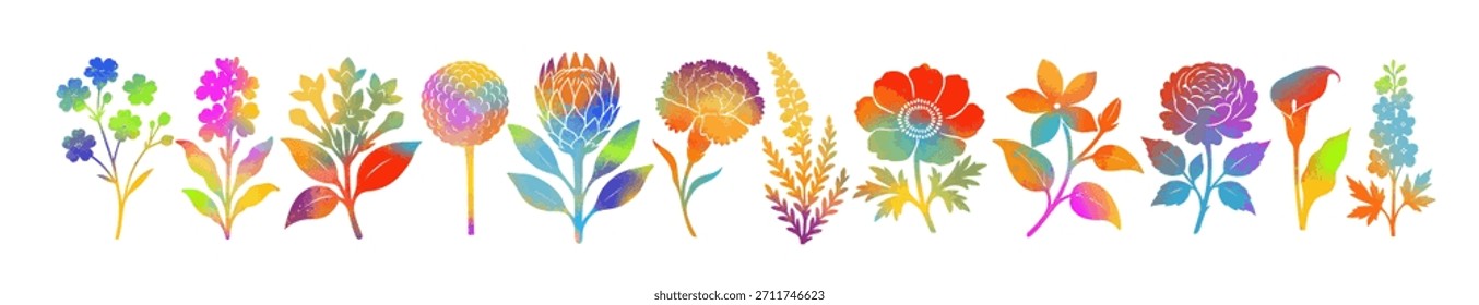 Un conjunto de flores de colores. Dibujado a mano. No es IA