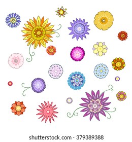 Set of colored flowers, hand-drawn.