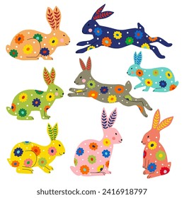 Set of colored folk art rabbits, vector flat illustration, isolated elements on white background.