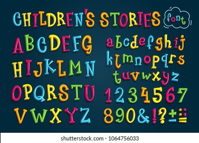 set colored font "children's stories." Multicolored vector letters and numbers for decoration
