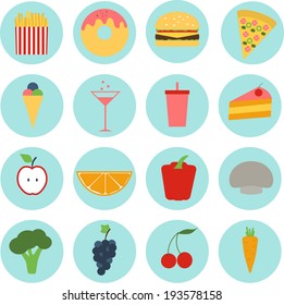 Set colored of food icons in flat design, eat, healthy and unhealthy, vegetables, fruit, fast food