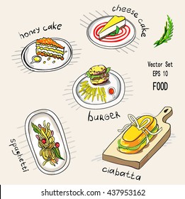 set of colored food illustration cakes burger ciabatta spaghetti