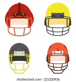 a set of colored football helms on a white background