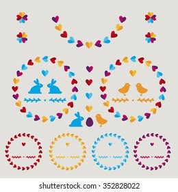 A set of colored frames made with hearts of love / couple of bunnies / couple of chickens / Eggs / Easter / Love Day / Valentine Day / Marriage