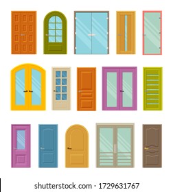 Set of colored front closed doors to houses and buildings. Design with and without glass. Vector illustration.