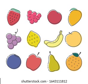 Set colored fruits. Lemon, bananas, peach, raspberry, blueberry, mango, orange, strawberry. raspberries, grapes, apples, pears, cherries. Vector isolated illustration