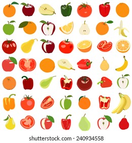 Set of colored fruits and vegetables. Vector illustration. Isolated on white