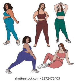 A set of colored full female figure in a tracksuit with a bright dark outline. Bodypositive female body. Vector illustration. Color and contour illustration. Printing flyers, banners, sports goods
