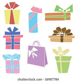 Set of colored fun gifts isolated on white background