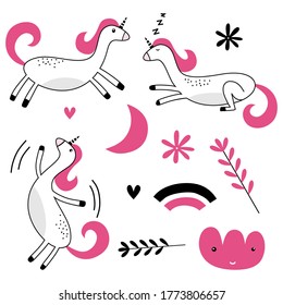 Conjunto de animales coloridos y divertidos con la luna dormida, la nube, las estrellas y los sueños unicornios al estilo escandinavo. Conjunto de colores dibujado a mano. Para tela, ropa, camiseta, envoltura, papel pintado, afiche. Vector