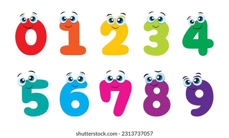 Set of Colored funny cute Cartoon Numbers for kids. Vector illustration Isolated on white background. Colored funny vector cartoon numbers from 0-9 bright baby icons.