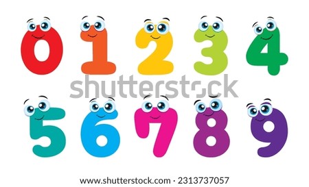 Set of Colored funny cute Cartoon Numbers for kids. Vector illustration Isolated on white background. Colored funny vector cartoon numbers from 0-9 bright baby icons.