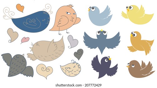 A set of colored funny cute drawn by hand birds
