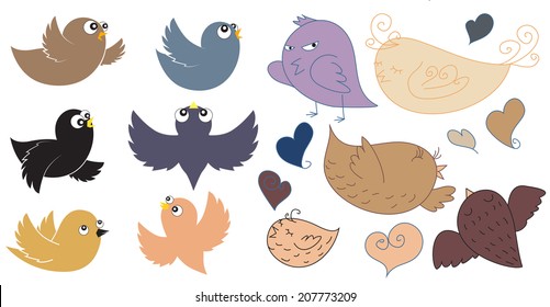 A set of colored funny cute drawn by hand birds