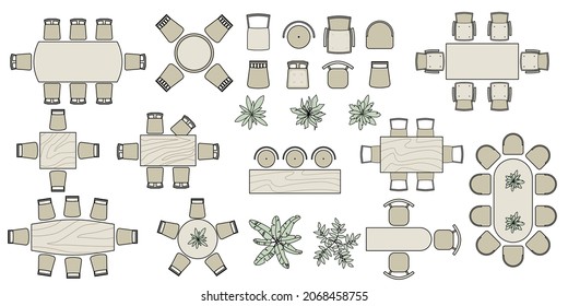Set of colored furniture elements for dining room, office, house, apartment, living room. Interior icon, tables, chairs, plants. Furniture symbol set for interior design. Top view. Isolated Vector